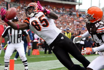 CLEVELAND - OCTOBER 04:  Chad Ochocinco #85 of the Cincinnati Bengals hauls in a one handed catch for a first quatrer touchdown against Eric Wright #24 of the Cleveland Browns during their game at Cleveland Browns Stadium on October 4, 2009 in Cleveland, Ohio.  (Photo by Jim McIsaac/Getty Images)