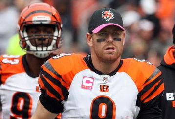 CLEVELAND - OCTOBER 04:  Carson Palmer #9 of the Cincinnati Bengals looks on against the Cleveland Browns during their game at Cleveland Browns Stadium on October 4, 2009 in Cleveland, Ohio. The Bengals defeated the Browns 23-20 in overtime.  (Photo by Jim McIsaac/Getty Images)