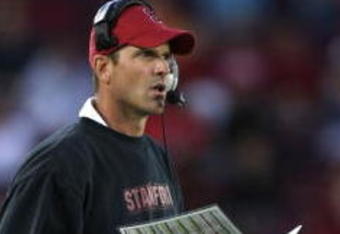 STANFORD, CA - SEPTEMBER 20:  Head coach Jim Harbaugh of the Stanford Cardinal looks on against the San Jose State Spartans at Stanford Stadium on September 20, 2008 in Stanford, California.  (Photo by Jed Jacobsohn/Getty Images)