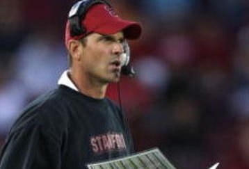 STANFORD, CA - SEPTEMBER 20:  Head coach Jim Harbaugh of the Stanford Cardinal looks on against the San Jose State Spartans at Stanford Stadium on September 20, 2008 in Stanford, California.  (Photo by Jed Jacobsohn/Getty Images)