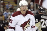 PITTSBURGH, PA - OCTOBER 07:  Petr Prucha #16 of the Phoenix Coyotes celebrates his second period power play goal against the Pittsburgh Penguins at Mellon Arena on October 07, 2009 in Pittsburgh, Pennsylvania.  (Photo by Justin K. Aller/Getty Images)
