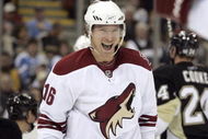 PITTSBURGH, PA - OCTOBER 07:  Petr Prucha #16 of the Phoenix Coyotes celebrates his second period power play goal against the Pittsburgh Penguins at Mellon Arena on October 07, 2009 in Pittsburgh, Pennsylvania.  (Photo by Justin K. Aller/Getty Images)