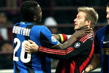 MILAN, ITALY - FEBRUARY 15:  Sulley Ali Muntari (L) and David Beckham (R) in action during FC Inter Milan v AC Milan - Serie A match on February 15, 2009 in Milan, Italy.  (Photo by Vittorio Zunino Celotto/Getty Images)