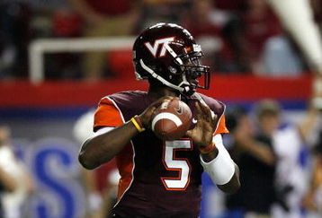 ATLANTA - SEPTEMBER 05:  Quarterback Tyrod Taylor #5 of the Virginia Tech Hokies against the Alabama Crimson Tide during the Chick-fil-A Kickoff Game at Georgia Dome on September 5, 2009 in Atlanta, Georgia.  (Photo by Kevin C. Cox/Getty Images)