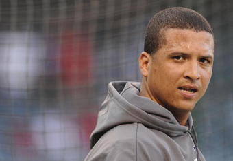 ANAHEIM, CA - OCTOBER 09:  Victor Martinez #41 of the Boston Red Sox looks on during batting practice before Game Two of the ALDS against the  Los Angeles Angels of Anaheim  during the 2009 MLB Playoffs at Angel Stadium on October 9, 2009 in Anaheim, California.  (Photo by Lisa Blumenfeld/Getty Images)