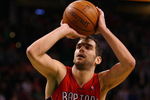 BOSTON - JANUARY 23:  Jose Calderon #8 of the Toronto Raptors shoots a free throw in the final mintues of the game on January 23, 2008 at the TD Banknorth Garden in Boston, Massachusetts. The Raptors defeated the Boston Celtics 114-112. NOTE TO USER: User expressly acknowledges and agrees that, by downloading and or using this Photograph, user is consenting to the terms and conditions of the Getty Images License Agreement.  (Photo by Elsa/Getty Images)