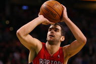 BOSTON - JANUARY 23: Jose Calderon #8 of the Toronto Raptors shoots a free throw in the final mintues of the game on January 23, 2008 at the TD Banknorth Garden in Boston, Massachusetts. The Raptors defeated the Boston Celtics 114-112. NOTE TO USER: User expressly acknowledges and agrees that, by downloading and or using this Photograph, user is consenting to the terms and conditions of the Getty Images License Agreement. (Photo by Elsa/Getty Images)