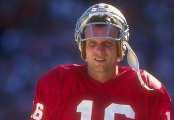 21 Oct 1990:  Quarterback Joe Montana of the San Francisco 49ers watches game against the Pittsburgh Steelers at Candlestick Park in San Francisco, California. The 49ers won the game 27 - 7. Mandatory Credit: Otto Greule Jr.  /Allsport