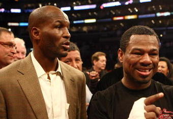 LOS ANGELES - JANUARY 24:  Shane Mosley stands with Bernard Hopkins after his ninth round TKO of Antonio Margarito after his corner threw in the towel during their WBA welterweight title fight on January 24, 2009 at the Staples Center in Los Angeles, California. (Photo by Donald Miralle/Getty Images)