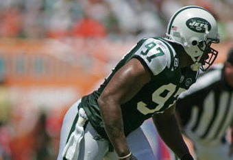 MIAMI - SEPTEMBER 07:  Calvin Pace #97 of the New York Jets lines up on defense against the Miami Dolphins at Dolphin Stadium on September 7, 2008 in Miami, Florida. The Jets won 20-14.  (Photo by Marc Serota/Getty Images)