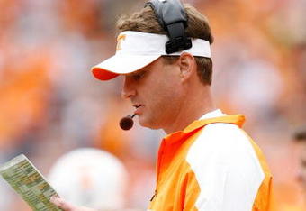 KNOXVILLE, TN - OCTOBER 10: Lane Kiffin the Head Coach of the Tennessee Volunteers is pictured during the SEC game against the Georgia Bulldogs at Neyland Stadium on October 10, 2009 in Knoxville, Tennessee. (Photo by Andy Lyons/Getty Images)