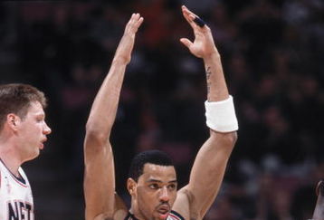 14 Jan 2002:  Forward Kenyon Martin #6 of the New Jersey Nets celebrates during the NBA game against the San Antonio Spurs at the Continental Airlines Arena in East Rutherford, New Jersey.  The Nets defeated the Spurs 99-97.  Mandatory Credit:  Jamie Squire/Getty Images