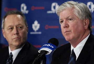 TORONTO - NOVEMBER 29:   MLSE President and CEO Richard Peddie and Brian Burke attend a press conference announcing Burke as the teams new General Manager November 29, 2008 at the Air Canada Centre in Toronto, Ontario, Canada. (Photo by Brad White/Getty Images)