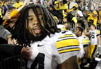 STATE COLLEGE, PA - SEPTEMBER 26:  Adrian Clayborn #94 of the Iowa Hawkeyes celebrates a 21-10 victory over the Penn State Nittnay Lions on September 26, 2009 at Beaver Stadium in State College, Pennsylvania.  (Photo by Gregory Shamus/Getty Images)