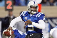 DURHAM, NC - NOVEMBER 29: Quarterback Thaddeus Lewis #9 of the Duke Blue Devils looks to pass the ball during the game against the North Carolina Tar Heels at Wallace Wade Stadium on November 29, 2008 in Durham, North Carolina. (Photo by Kevin C. Cox/Getty Images)