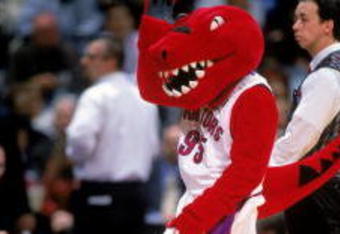 20 Nov 2000: A view of the Toronto Raptors mascot as he walks on the court during the game against the Charlotte Hornets at the Air Canada Centre in Toronto, Ontario, Canada. The Hornets defeated the Raptors 100-64.  NOTE TO USER: It is expressly understood that the only rights Allsport are offering to license in this Photograph are one-time, non-exclusive editorial rights. No advertising or commercial uses of any kind may be made of Allsport photos. User acknowledges that it is aware that Allsport is an editorial sports agency and that NO RELEASES OF ANY TYPE ARE OBTAINED from the subjects contained in the photographs.Mandatory Credit: Robert Skeoch  /Allsport