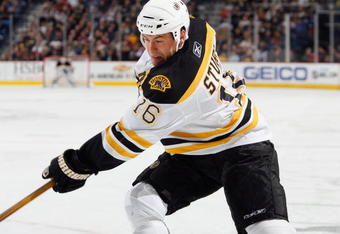 BUFFALO - OCTOBER 21:  Marco Sturm #16 of the Boston Bruins skates during the game against the Buffalo Sabres on October 21, 2008 at HSBC Arena in Buffalo, New York. (Photo by: Rick Stewart/Getty Images)