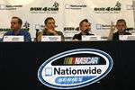 SPARTA, KY - JUNE 12:  (L-R) Jason Keller, driver of the #27 Cottonelle/Meijer Ford, Stephen Leicht, driver of the #29 Holiday Inn Chevrolet, Jason Leffler, driver of the #38 Great Clips Toyota and Justin Allgaier, driver of the #12 Verizon Wireless Dodge talk about the Nationwide 'Dash 4 Cash' program before practicing for the Meijer 300 Nationwide Series race at the Kentucky Speedway on June 12, 2009 in Sparta, Kentucky.  (Photo by John Sommers II/Getty Images)