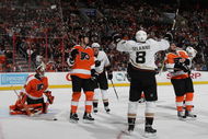 PHILADELPHIA - OCTOBER 10: Teemu Selanne #8 of the Anaheim Ducks scores the tying goal in the third period against Ray Emery #29 of the Philadelphia Flyers at the Wachovia Center on October 10, 2009 in Philadelphia, Pennsylvania. The Ducks defeated the Flyers 3-2 in the shoot out. (Photo by Bruce Bennett/Getty Images)