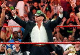 LAS VEGAS - AUGUST 24:  (L-R) Wrestler Triple H, World Wrestling Entertainment Inc. Chairman Vince McMahon and wrestler Shawn Michaels appear in the ring during the WWE Monday Night Raw show at the Thomas & Mack Center August 24, 2009 in Las Vegas, Nevada.  (Photo by Ethan Miller/Getty Images)