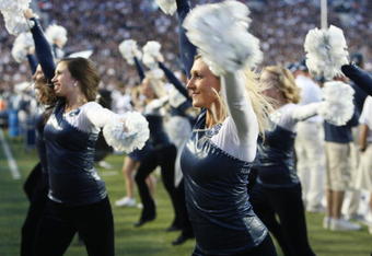 PROVO, UT - SEPTEMBER 19:  Cheerleaders of Brigham Young University Cougars perform on the sidelines during the game against the Florida State Seminoles at La Vell Edwards Stadium on September 19, 2009 in Provo, Utah.  (Photo by Melissa Majchrzak via Getty Images)