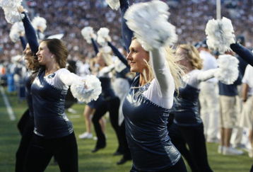 PROVO, UT - SEPTEMBER 19:  Cheerleaders of Brigham Young University Cougars perform on the sidelines during the game against the Florida State Seminoles at La Vell Edwards Stadium on September 19, 2009 in Provo, Utah.  (Photo by Melissa Majchrzak via Getty Images)