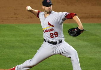 LOS ANGELES, CA - OCTOBER 07:  Pitcher Chris Carpenter #29 of the St. Louis Cardinals pitches against the Los Angeles Dodgers in Game One of the NLDS during the 2009 MLB Playoffs at Dodger Stadium on October 7, 2009 in Los Angeles, California.  (Photo by Stephen Dunn/Getty Images)