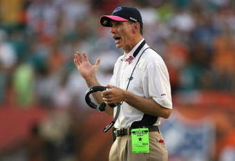 MIAMI - OCTOBER 04:  Head coach Dick Jauron of the Buffalo Bills asks an official for an explanation on play against the Miami Dolphins at Land Shark Stadium on October 4, 2009 in Miami, Florida. The Dolphins defeated the Bills 38-10.  (Photo by Doug Benc/Getty Images)