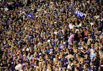 FORT WORTH, TX - OCTOBER 16:  Fans cheer for the TCU Horned Frogs during play against the BYU Cougars at Amon G. Carter Stadium on October 16, 2008 in Fort Worth, Texas.  (Photo by Ronald Martinez/Getty Images)