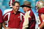 JACKSONVILLE, FL - SEPTEMBER 29:  University of Alabama coach Nick Saban chats with coach Bobby Bowden of Florida State University September 29, 2007 at Jacksonville Municipal Stadium in Jacksonville, Florida.  (Photo by Marc Serota/Getty Images)