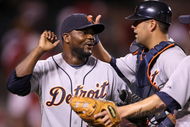 ANAHEIM, CA - AUGUST 24: Closer Fernanado Rodney #56 and catcher Gerald Laird #8 of the Detroit Tigers celebrate after the game against the Los Angeles Angels of Anaheim on August 24, 2009 at Angel Stadium in Anaheim, California. Rodney picked up his 27th save as the Tigers won 10-7. (Photo by Stephen Dunn/Getty Images)