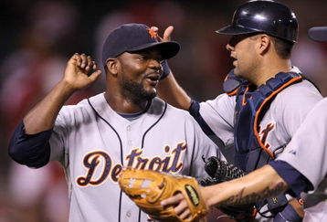ANAHEIM, CA - AUGUST 24:  Closer Fernanado Rodney #56 and catcher Gerald Laird #8 of the Detroit Tigers celebrate after the game against the Los Angeles Angels of Anaheim on August 24, 2009 at Angel Stadium in Anaheim, California.  Rodney picked up his 27th save as the Tigers won 10-7.   (Photo by Stephen Dunn/Getty Images)