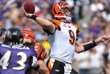 BALTIMORE - OCTOBER 11:  Carson Palmer #9 of the Cincinnati Bengals looks passes against the Baltimore Ravens at M&T Bank Stadium on October 11, 2009 in Baltimore, Maryland. The Bengals defeated the Ravens 17-14. (Photo by Larry French/Getty Images)
