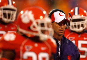 CLEMSON, SC - SEPTEMBER 26:  Head coach Dabo Swinney of the Clemson Tigers watches on from the sideliens during their game against the TCU Horned Frogs at Memorial Stadium on September 26, 2009 in Clemson, South Carolina.  (Photo by Streeter Lecka/Getty Images)