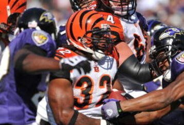 BALTIMORE - OCTOBER 11:  Cedric Benson #32 of the Cincinnati Bengals runs the ball in for a touchdown against the Baltimore Ravens at M&T Bank Stadium on October 11, 2009 in Baltimore, Maryland. The Bengals defeated the Ravens 17-14. (Photo by Larry French/Getty Images)