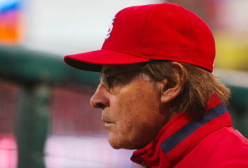 ST. LOUIS, MO - OCTOBER 10:  Tony La Russa #10 manager of the St. Louis Cardinals looks on during Game Three of the NLDS against the Los Angeles Dodgers during the 2009 MLB Playoffs at Busch Stadium on October 10, 2009 in St. Louis, Missouri. (Photo by Dilip Vishwanat/Getty Images)