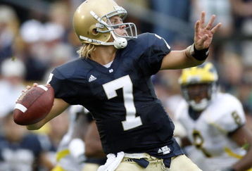 SOUTH BEND, IN - SEPTEMBER 13:  Jimmy Clausen #7 of the Notre Dame Fighting Irish throws a first quarter pass while playing the Michigan Wolverines on September 13, 2008 at Notre Dame Stadium in South Bend, Indiana. Notre Dame won the game 35-17.  (Photo by Gregory Shamus/Getty Images)