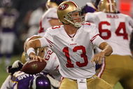 MINNEAPOLIS - SEPTEMBER 27: Shaun Hill #13 of the San Francisco 49ers passes the ball against the Minnesota Vikings at the Hubert H. Humphrey Metrodome on September 27, 2009 in Minneapolis, Minnesota. The Vikings defeated the 49ers 27-24.  (Photo by Jonathan Daniel/Getty Images)