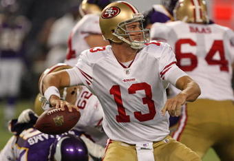 MINNEAPOLIS - SEPTEMBER 27: Shaun Hill #13 of the San Francisco 49ers passes the ball against the Minnesota Vikings at the Hubert H. Humphrey Metrodome on September 27, 2009 in Minneapolis, Minnesota. The Vikings defeated the 49ers 27-24.  (Photo by Jonathan Daniel/Getty Images)