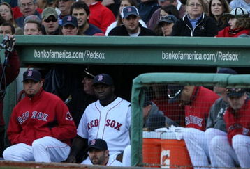BOSTON - OCTOBER 11:  Pitcher Josh Beckett #19 and David Ortiz #34 of the Boston Red Sox watch as the Los Angeles Angels of Anaheim celebrate thier 7-6 victory in Game Three to win the ALDS during the 2009 MLB Playoffs at Fenway Park on October 11, 2009 in Boston, Massachusetts.  (Photo by Elsa/Getty Images)