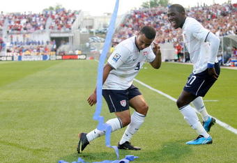 SANDY, UT - SEPTEMBER 05:  Jozy Altidore #17 and Charlie Davies #9 of the United States celebrate Altidore's goal  in the first half during the FIFA 2010 World Cup Qualifier match between the United States and El Salvador at Rio Tinto Stadium on September 5, 2009 in Sandy, Utah.  (Photo by Jonathan Ferrey/Getty Images)