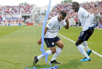 SANDY, UT - SEPTEMBER 05:  Jozy Altidore #17 and Charlie Davies #9 of the United States celebrate Altidore's goal  in the first half during the FIFA 2010 World Cup Qualifier match between the United States and El Salvador at Rio Tinto Stadium on September 5, 2009 in Sandy, Utah.  (Photo by Jonathan Ferrey/Getty Images)