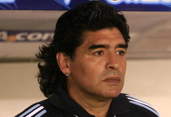 BUENOS AIRES, BUENOS AIRES - MARCH 28: Argentine manager Diego Maradona looks on during the 2010 FIFA World Cup South African qualifier match between Argentina and Venezuela at River Plate Stadium on March 28, 2009 in Buenos Aires, Argentina. (Photo by Photogamma/Getty Images)