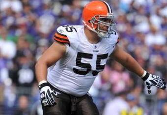 BALTIMORE - SEPTEMBER 27:  Alex Mack #55 of the Cleveland Browns defends against the Baltimore Ravens at M&T Bank Stadium on September 27, 2009 in Baltimore, Maryland. The Ravens defeated the Browns 34-3. (Photo by Larry French/Getty Images)