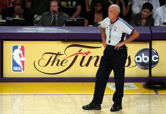 LOS ANGELES, CA - JUNE 15:  Referee Dick Bavetta looks on during Game Five of the 2008 NBA Finals on June 15, 2008 at Staples Center in Los Angeles, California. NOTE TO USER: User expressly acknowledges and agrees that, by downloading and/or using this Photograph, user is consenting to the terms and conditions of the Getty Images License Agreement.  (Photo by Stephen Dunn/Getty Images)