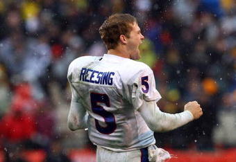 KANSAS CITY, MO - NOVEMBER 29:  Quarterback Todd Reesing #5 of the Kansas Jayhawks celebrates after  a touchdown during the final minutes of the game against the Missouri Tigers on November 29, 2008 at Arrowhead Stadium in Kansas City, Missouri.  (Photo by Jamie Squire/Getty Images)