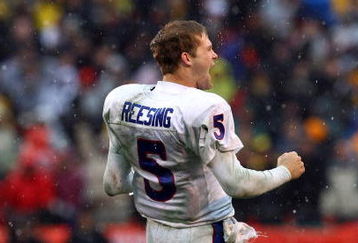 KANSAS CITY, MO - NOVEMBER 29:  Quarterback Todd Reesing #5 of the Kansas Jayhawks celebrates after  a touchdown during the final minutes of the game against the Missouri Tigers on November 29, 2008 at Arrowhead Stadium in Kansas City, Missouri.  (Photo by Jamie Squire/Getty Images)
