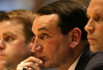 CHAPEL HILL, NC - MARCH 08:  Head coach Mike Krzyzewski of the Duke Blue Devils reacts as he sits on the bench with his assistant coaches against the North Carolina Tar Heels during their game at the Dean E. Smith Center on March 8, 2009 in Chapel Hill, North Carolina.  (Photo by Streeter Lecka/Getty Images)