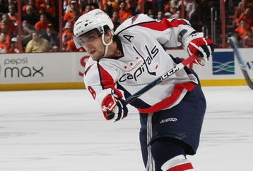 PHILADELPHIA - OCTOBER 06: Alex Ovechkin #8 of the Washington Capitals breaks his stick on a slap shot against the Phildelphia Flyers at the Wachovia Center on October 6, 2009 in Philadelphia, Pennsylvania.  (Photo by Bruce Bennett/Getty Images)