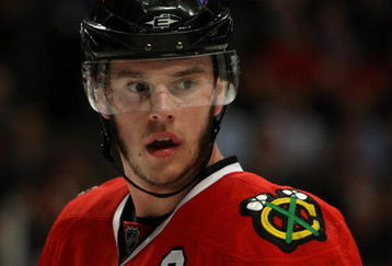 CHICAGO - MAY 22:  Jonathan Toews #19 of the Chicago Blackhawks looks on against the Detroit Red Wings during Game Three of the Western Conference Championship Round of the 2009 Stanley Cup Playoffs on May 22, 2009 at the United Center in Chicago, Illinois. The Blackhawks won 4-3 in overtime.  (Photo by Jonathan Daniel/Getty Images)